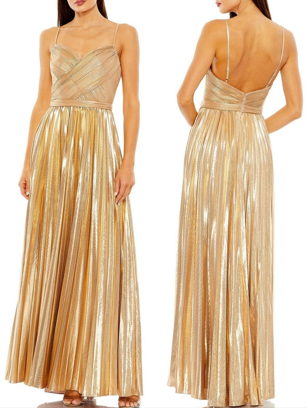 Ieena For Mac Duggal 27489 Metallic Gold Pleated Evening Gown Maxi Dress 14 Nwt